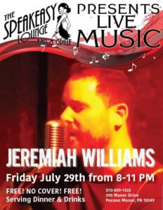 Speakeasy Lounge poster advertising live music by Jeremiah Williams